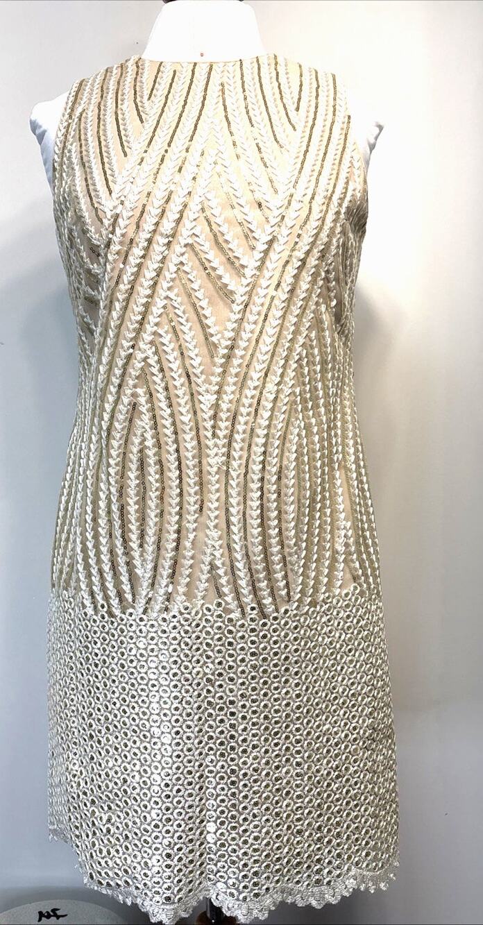 Belle Badgley Mischka Champagne Gold Sequin Embroidered Mesh Cocktail Dress 6